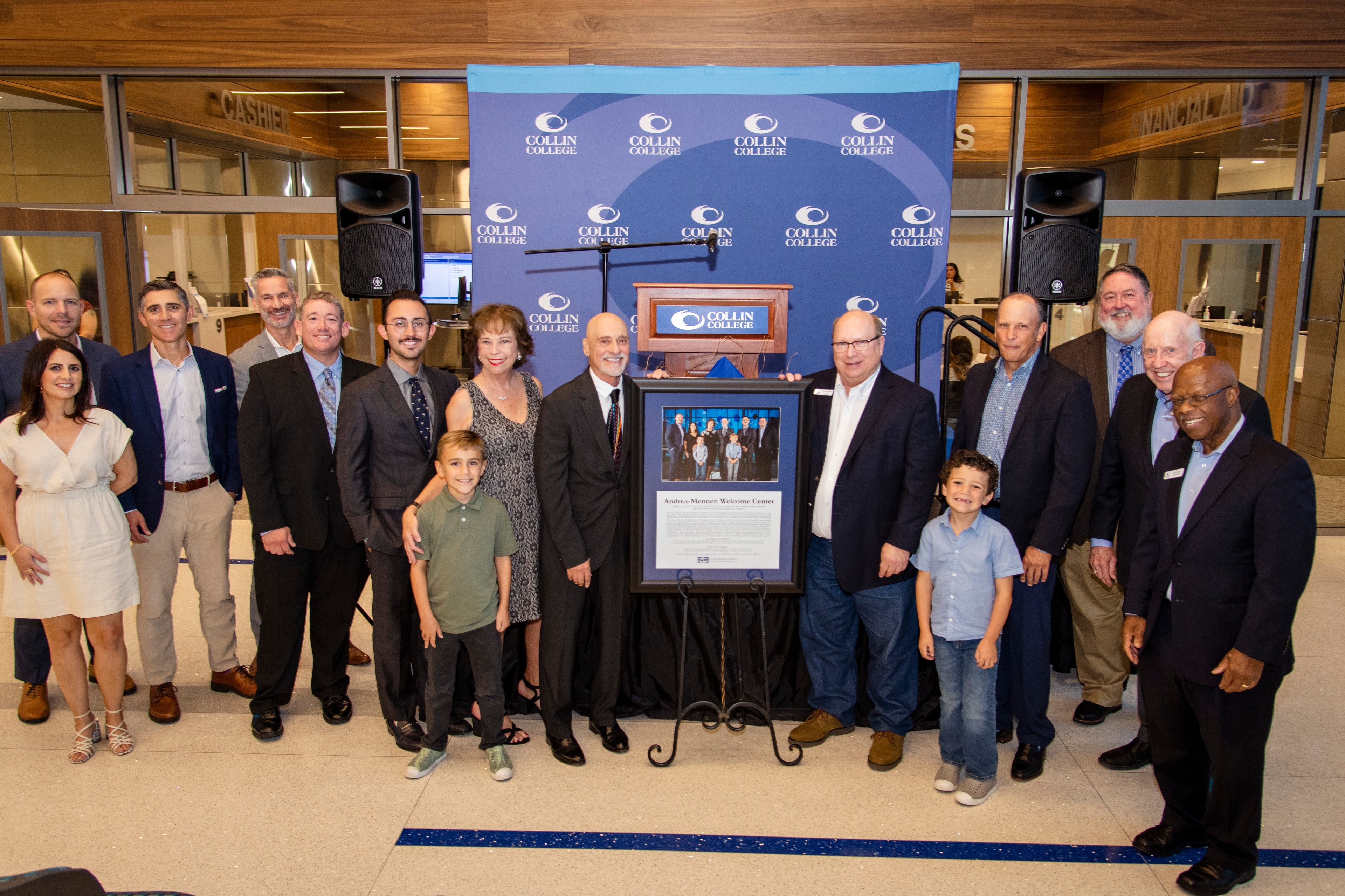 Group photo at the Andrea-Mennen Welcome Center dedication ceremony at Collin College